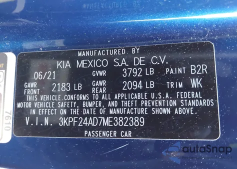 2021 Kia Forte Lxs z USA, uszkodzony, nr VIN 3KPF24AD7ME382389